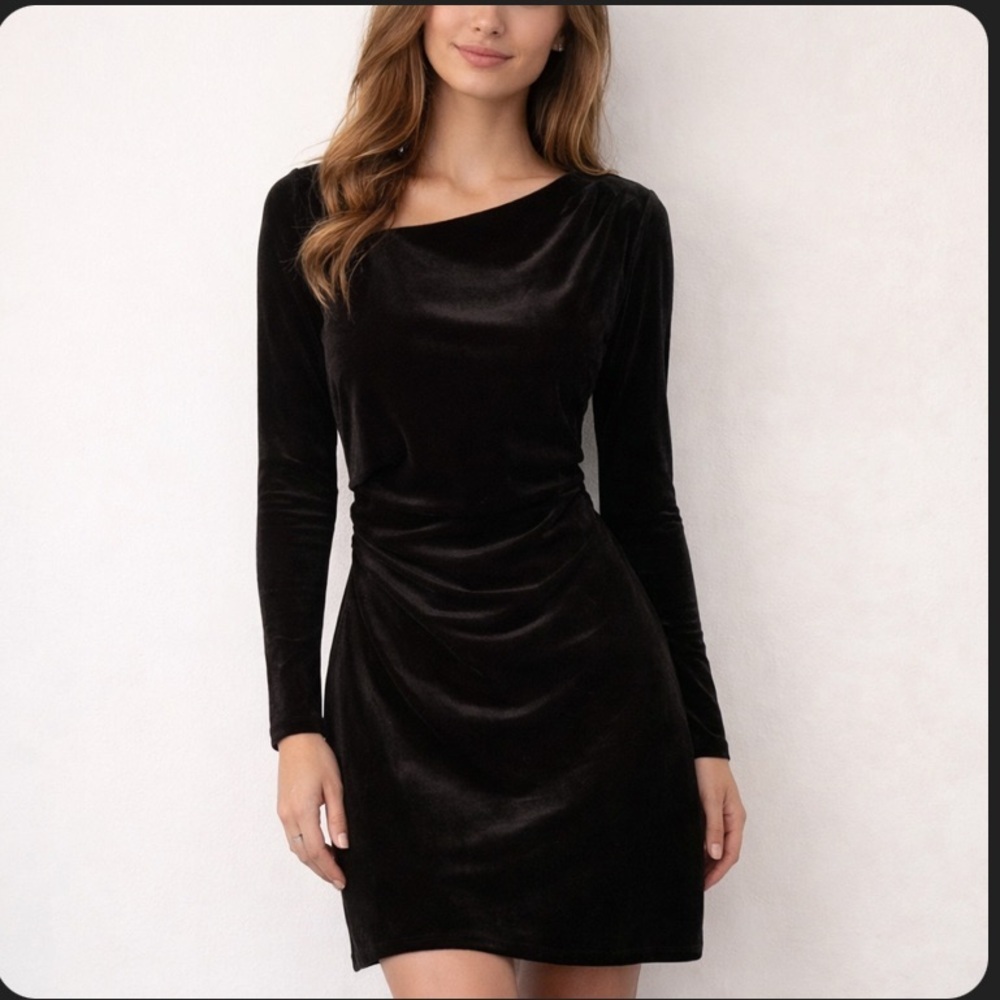ZARA Black Velvet Ruched Stretch Fitted Dress Small Little Black Dress Sz Small